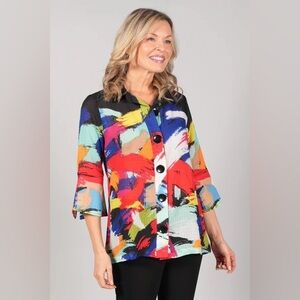 Ali Miles Abstract Brushstroke Top 3/4 Length Bell Cuff Sleeve Sz L